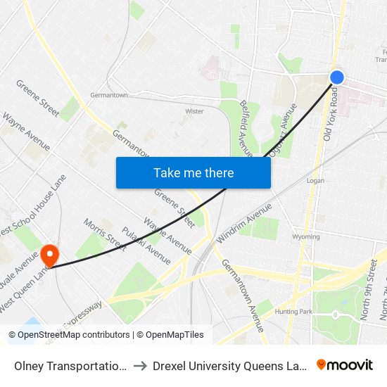 Olney Transportation Center to Drexel University Queens Lane Campus map