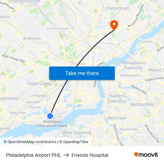 Philadelphia Airport PHL to Friends Hospital map