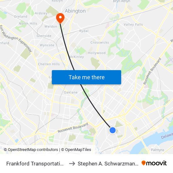 Frankford Transportation Center to Stephen A. Schwarzman Stadium map