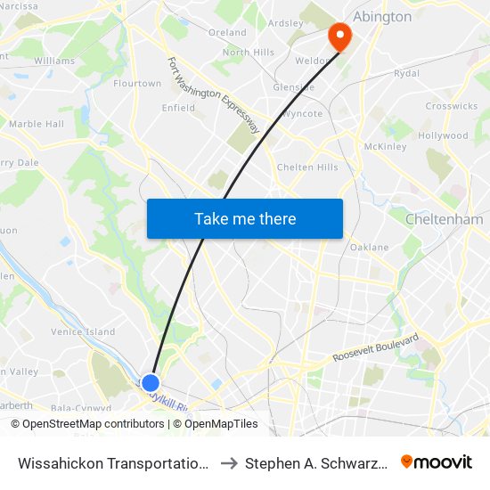 Wissahickon Transit Center to Stephen A. Schwarzman Stadium map