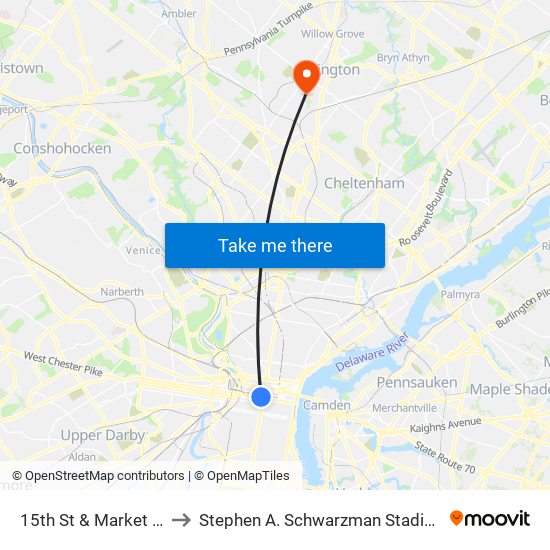 15th St & Market St to Stephen A. Schwarzman Stadium map