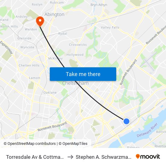 Torresdale Av & Cottman Av Loop to Stephen A. Schwarzman Stadium map