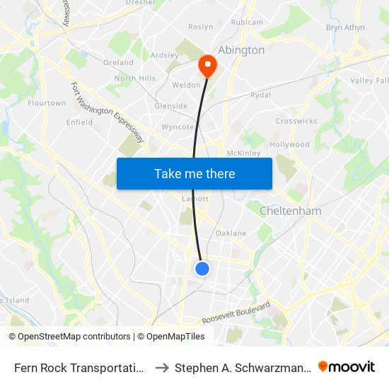 Fern Rock Transportation Center to Stephen A. Schwarzman Stadium map