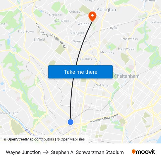 Wayne Junction to Stephen A. Schwarzman Stadium map