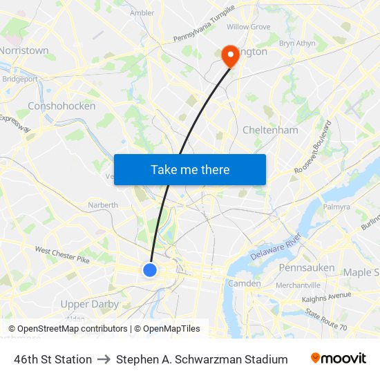 46th St Station to Stephen A. Schwarzman Stadium map