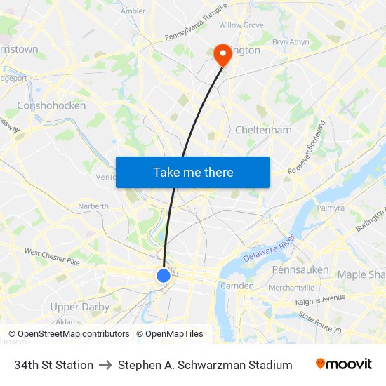 34th St Station to Stephen A. Schwarzman Stadium map