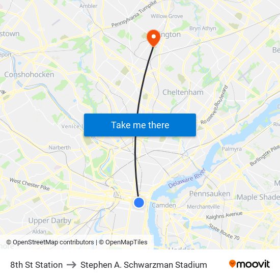 8th St Station to Stephen A. Schwarzman Stadium map