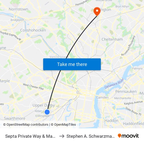 Septa Private Way & Macdade Blvd to Stephen A. Schwarzman Stadium map