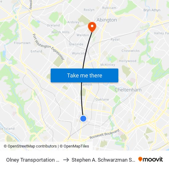 Olney Transportation Center to Stephen A. Schwarzman Stadium map