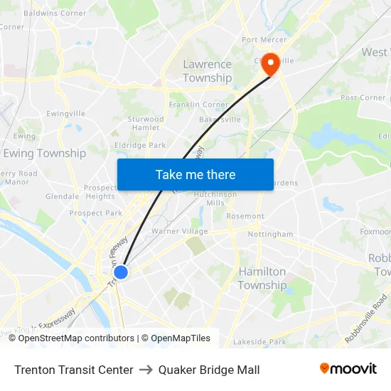 Trenton Transit Center to Quaker Bridge Mall map