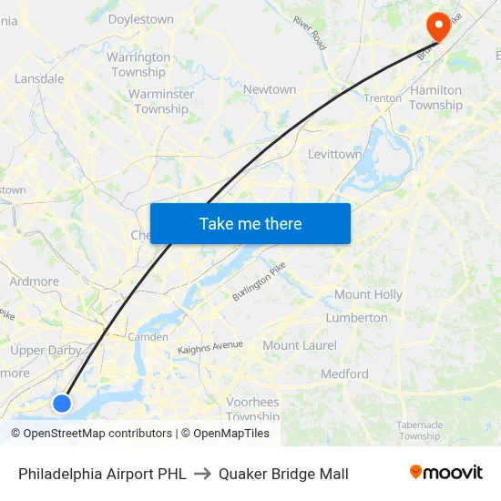 Philadelphia Airport PHL to Quaker Bridge Mall map