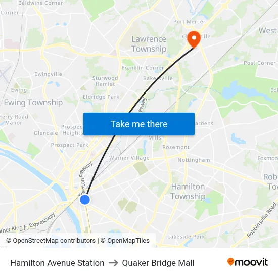 Hamilton Avenue Station to Quaker Bridge Mall map