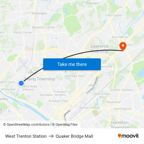 West Trenton Station to Quaker Bridge Mall map