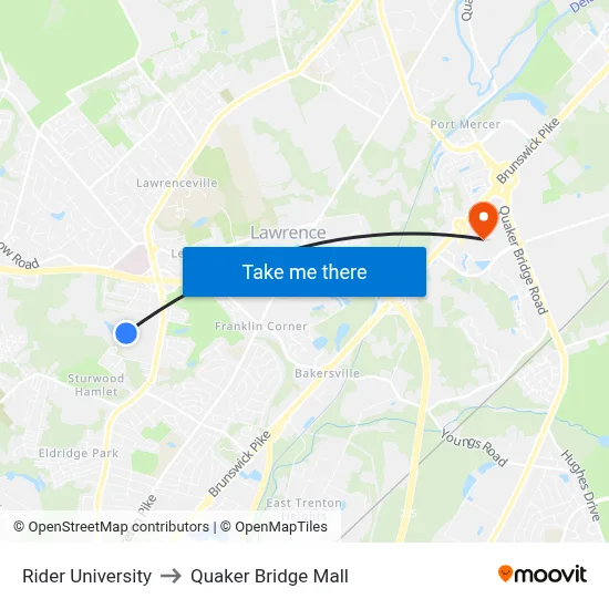 Rider University to Quaker Bridge Mall map