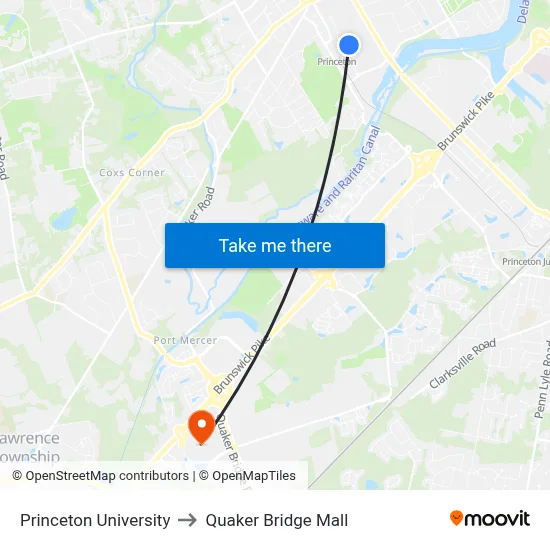 Princeton University to Quaker Bridge Mall map