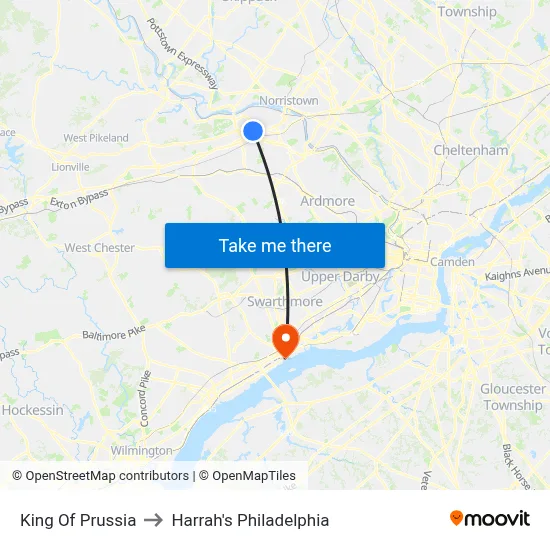 King Of Prussia to Harrah's Philadelphia map