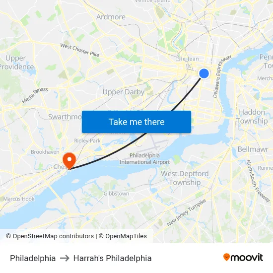 Philadelphia to Harrah's Philadelphia map