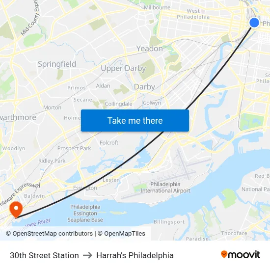 30th Street Station to Harrah's Philadelphia map