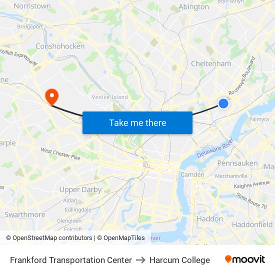 Frankford Transportation Center to Harcum College map