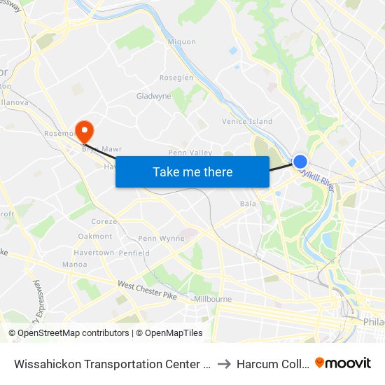 Wissahickon Transit Center to Harcum College map