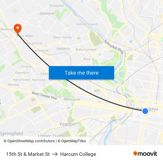 15th St & Market St to Harcum College map