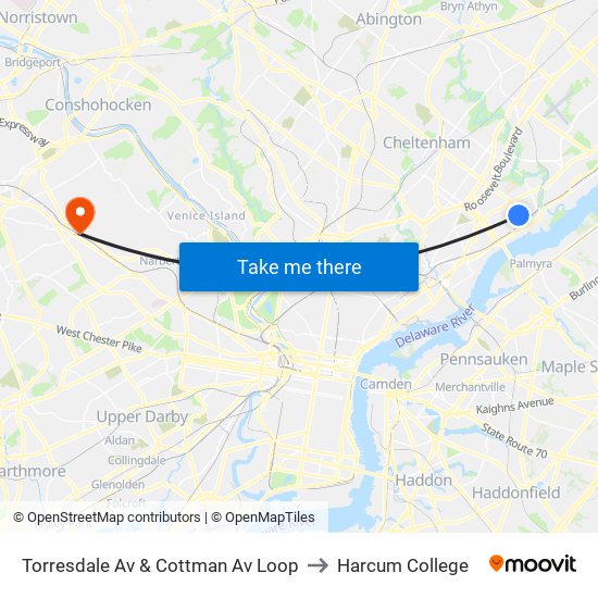 Torresdale Av & Cottman Av Loop to Harcum College map