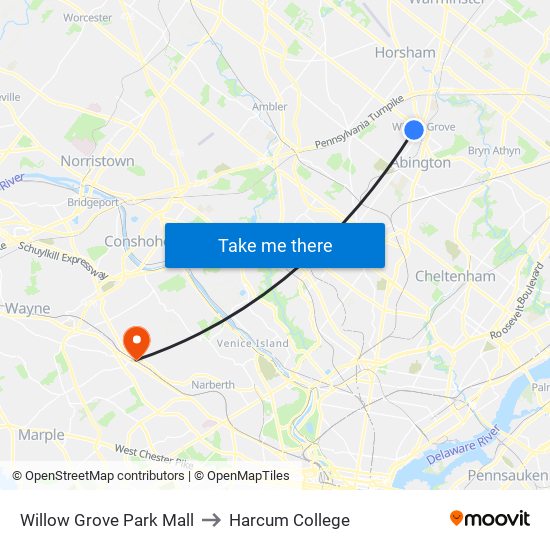 Willow Grove Park Mall to Harcum College map