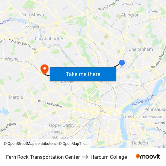 Fern Rock Transportation Center to Harcum College map