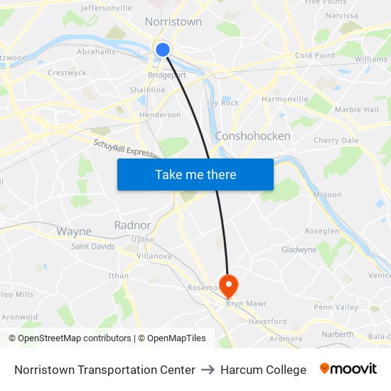 Norristown Transit Center to Harcum College map