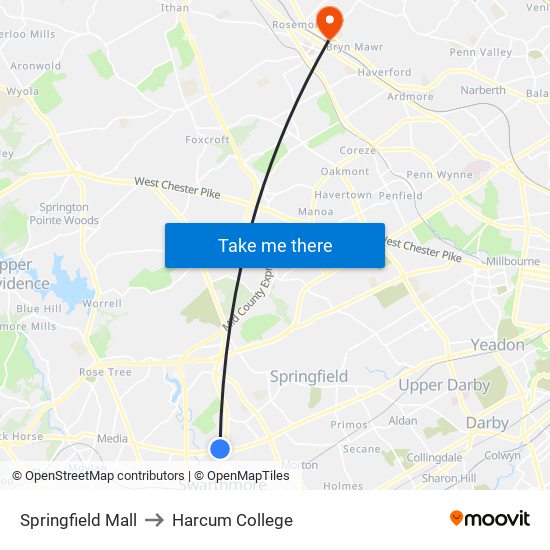 Springfield Mall to Harcum College map