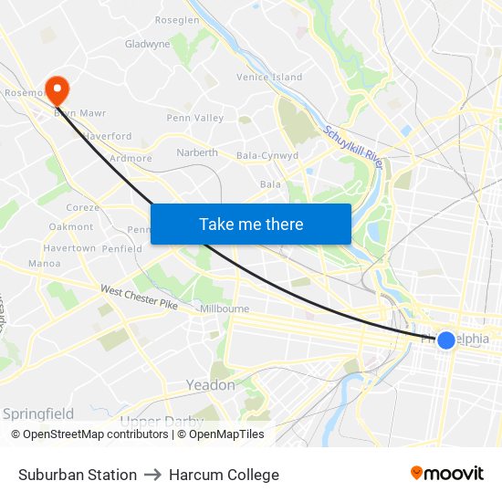 Suburban Station to Harcum College map