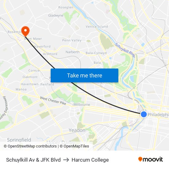 Schuylkill Av & JFK Blvd to Harcum College map