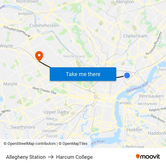 Allegheny Station to Harcum College map