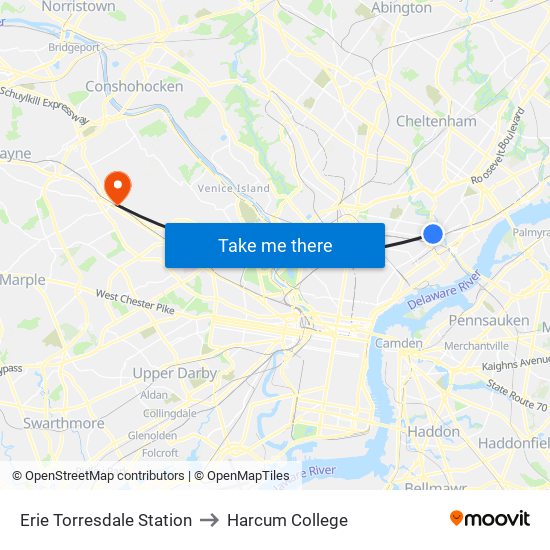Erie Torresdale Station to Harcum College map