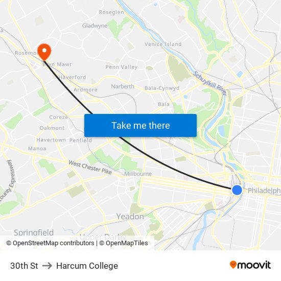 30th St to Harcum College map