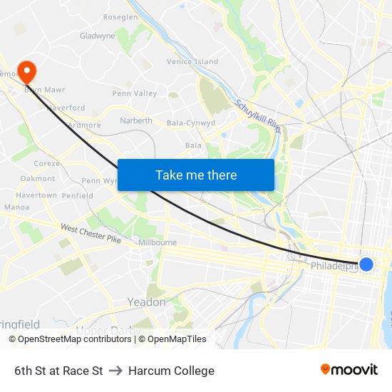 6th St at Race St to Harcum College map
