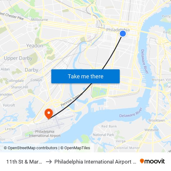 11th St & Market St to Philadelphia International Airport Terminal F map