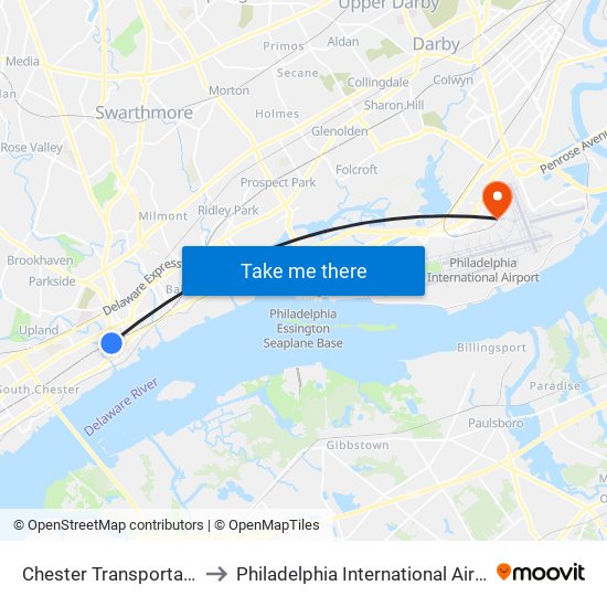 Chester Transportation Center to Philadelphia International Airport Terminal F map