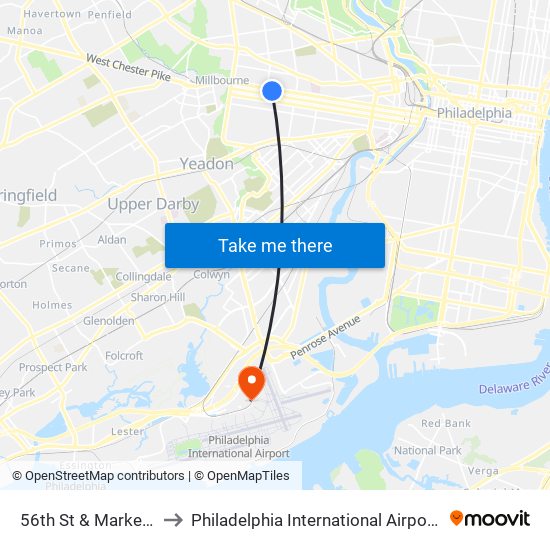 56th St & Market St - Fs to Philadelphia International Airport Terminal F map