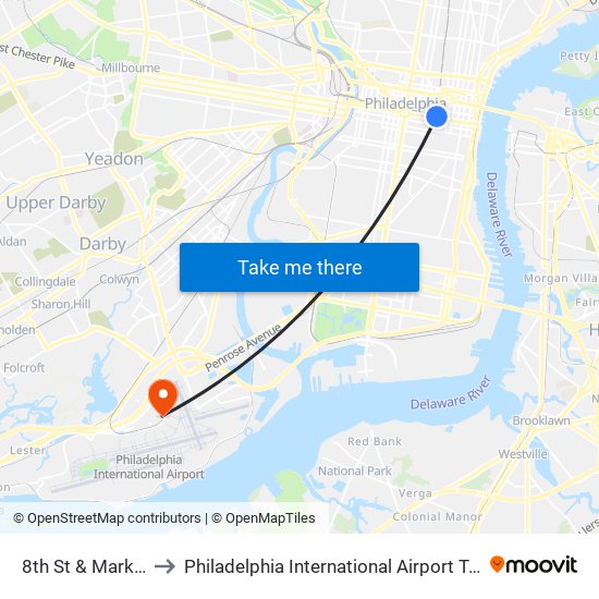 8th St & Market St to Philadelphia International Airport Terminal F map
