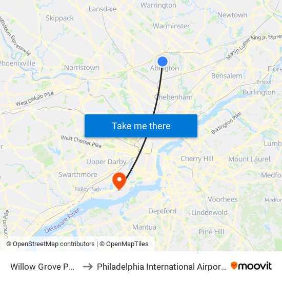 Willow Grove Park Mall to Philadelphia International Airport Terminal F map