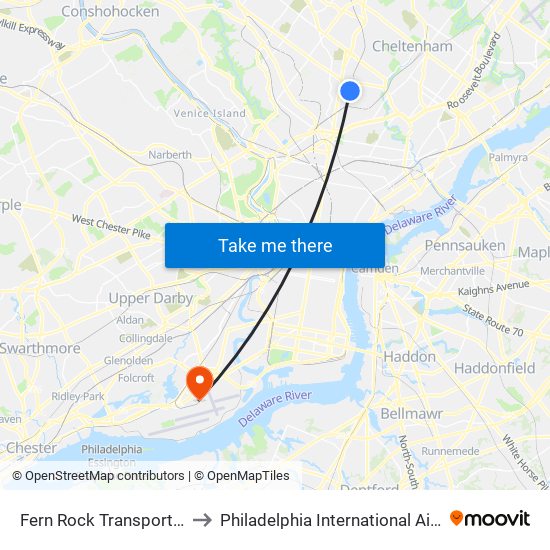 Fern Rock Transit Center to Philadelphia International Airport Terminal F map