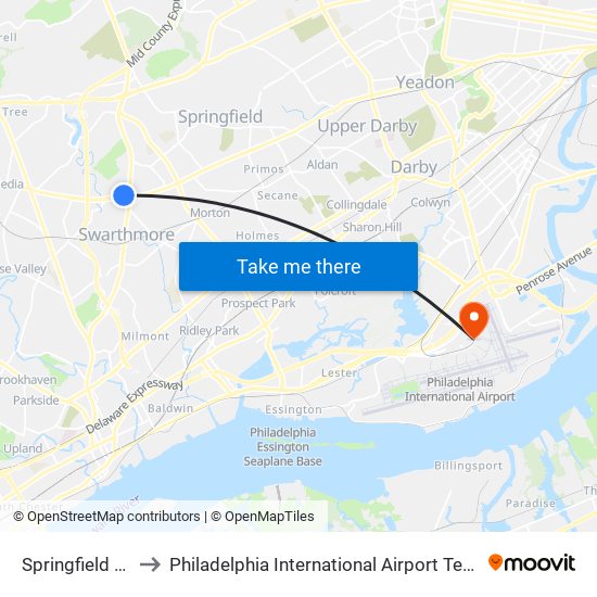 Springfield Mall to Philadelphia International Airport Terminal F map