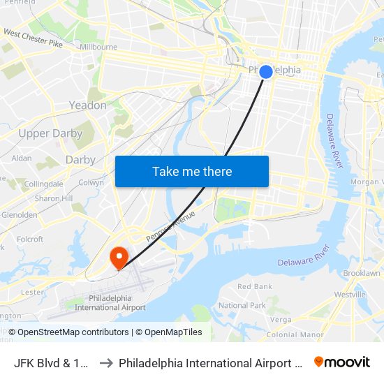 JFK Blvd & 17th St to Philadelphia International Airport Terminal F map