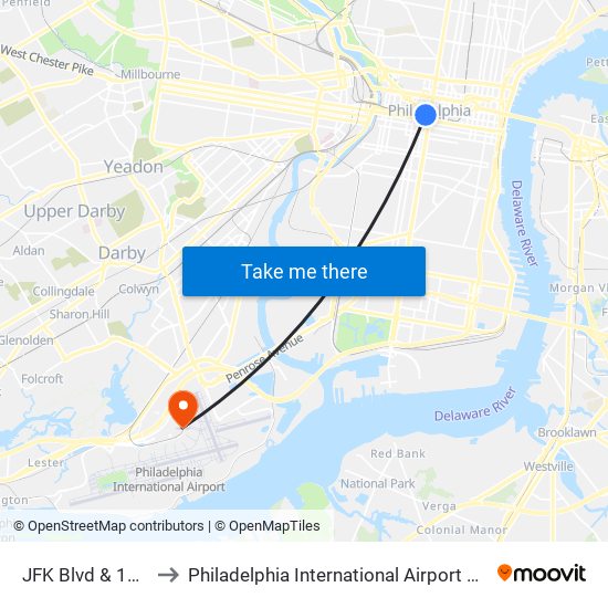 JFK Blvd & 15th St to Philadelphia International Airport Terminal F map