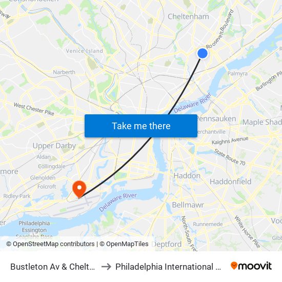 Bustleton Av & Cheltenham Av - Fs to Philadelphia International Airport Terminal F map