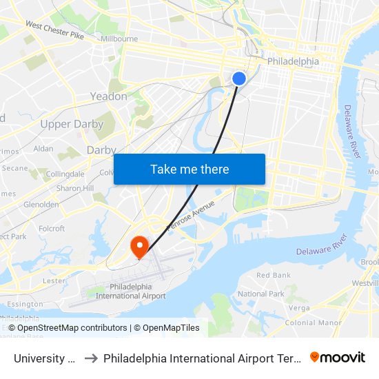 University City to Philadelphia International Airport Terminal F map