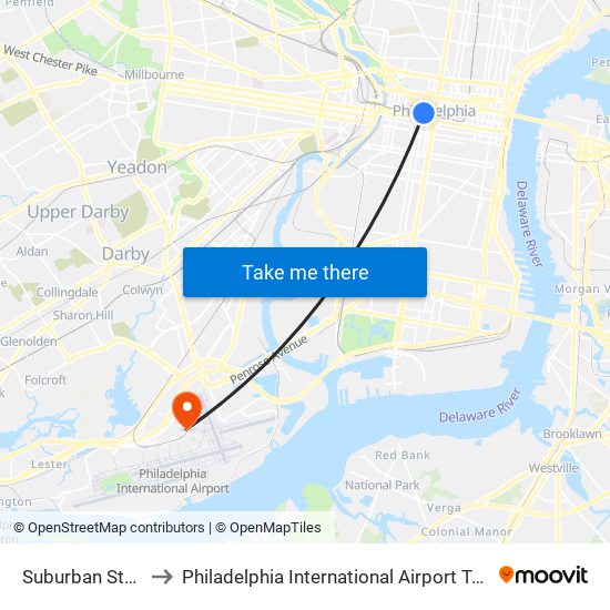 Suburban Station to Philadelphia International Airport Terminal F map