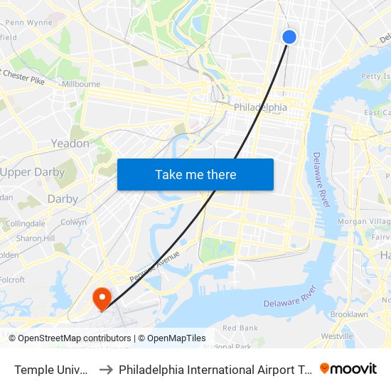 Temple University to Philadelphia International Airport Terminal F map