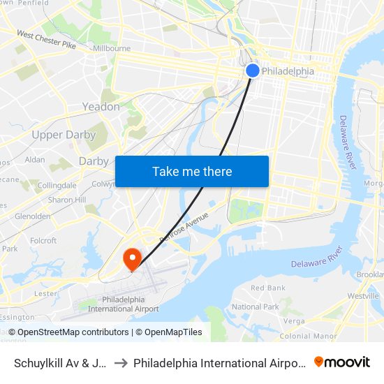 Schuylkill Av & JFK Blvd to Philadelphia International Airport Terminal F map